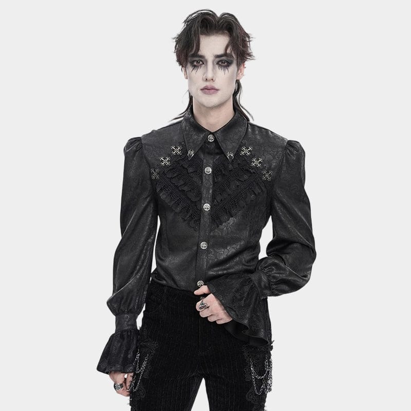 DEVIL FASHION Men's Gothic Cross Spider Turn-down Collar Bishop Sleeved Shirt Black