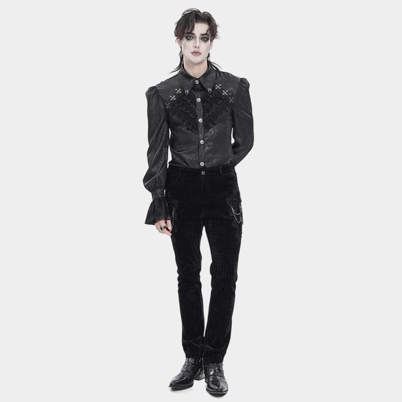 DEVIL FASHION Men's Gothic Cross Spider Turn-down Collar Bishop Sleeved Shirt Black