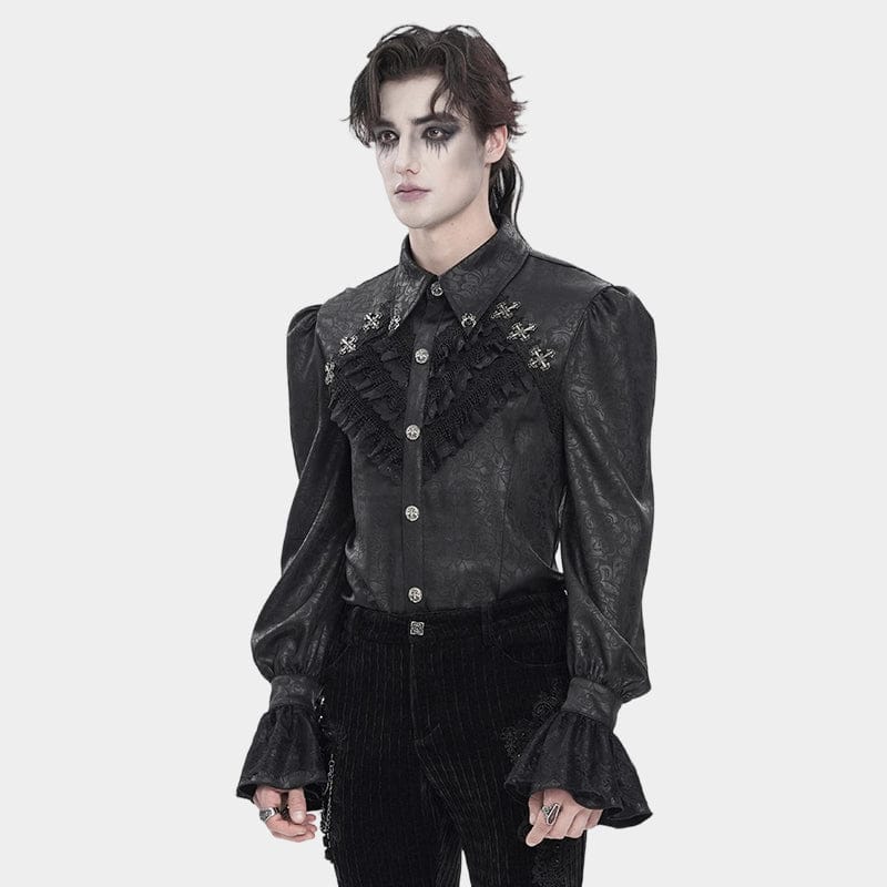 DEVIL FASHION Men's Gothic Cross Spider Turn-down Collar Bishop Sleeved Shirt Black