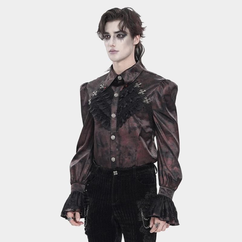 Men's Gothic Cross Spider Turn-down Collar Bishop Sleeved Shirt