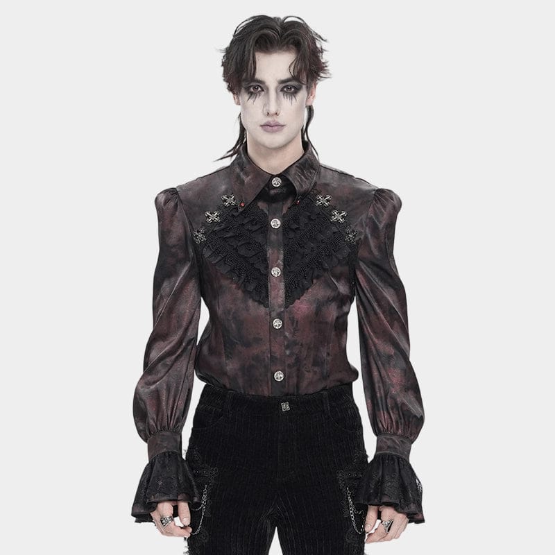 Men's Gothic Cross Spider Turn-down Collar Bishop Sleeved Shirt
