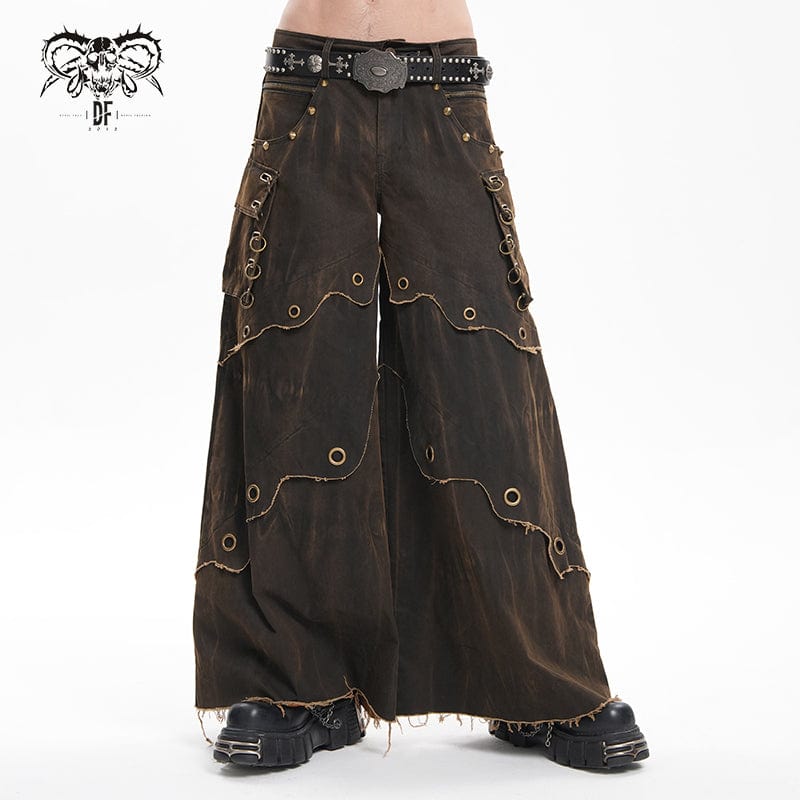 DEVIL FASHION Men's Gothic Eyelets Rings Pocket Trousers Coffee