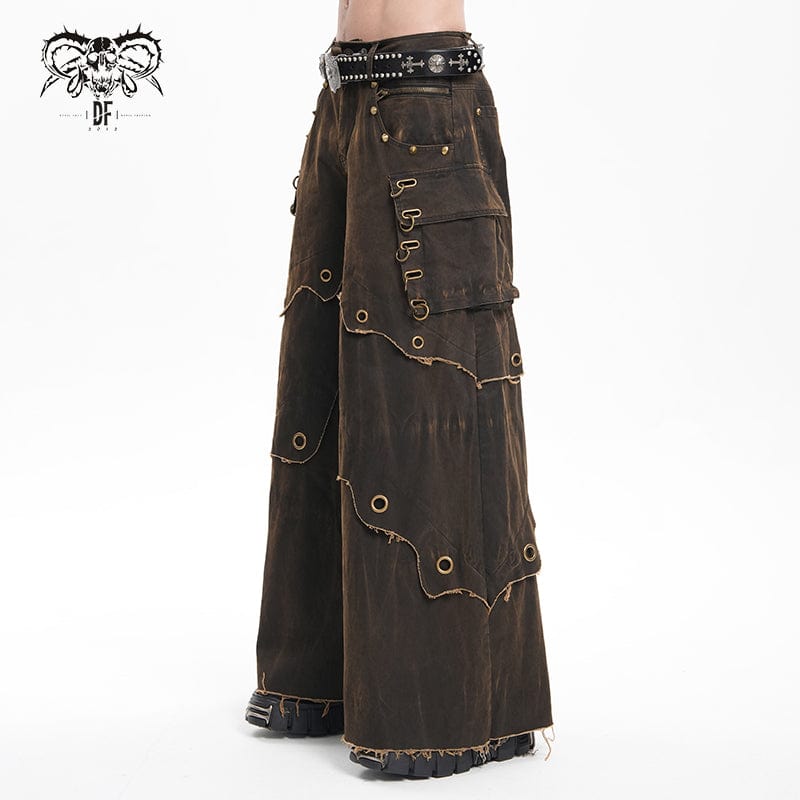 DEVIL FASHION Men's Gothic Eyelets Rings Pocket Trousers Coffee