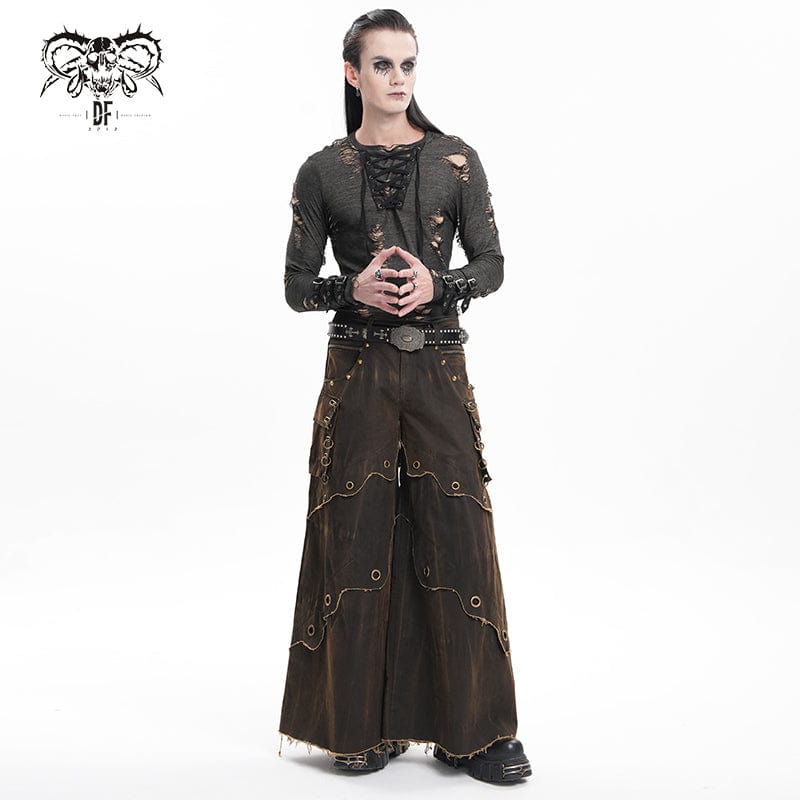 DEVIL FASHION Men's Gothic Eyelets Rings Pocket Trousers Coffee