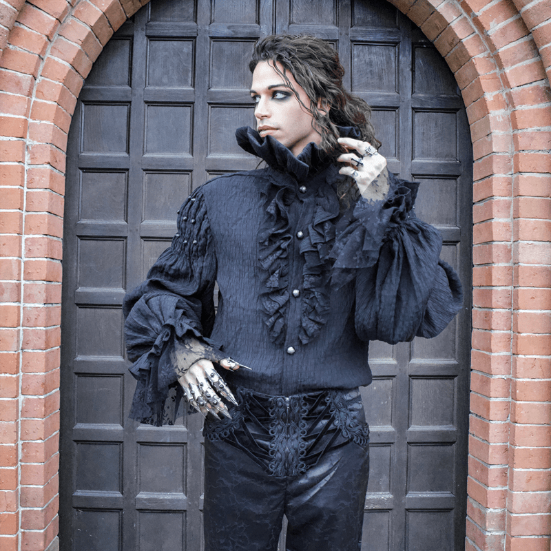 DEVIL FASHION Men's Gothic Falbala Collar Ruffles Puff Sleeves Shirts With Rivets