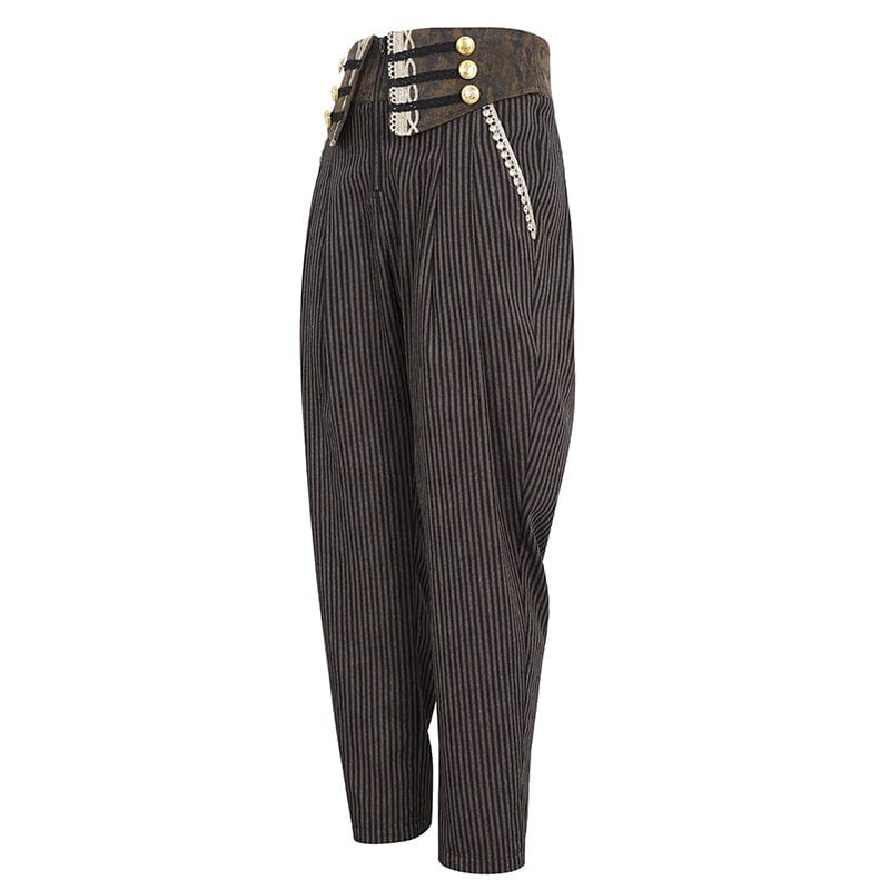 DEVIL FASHION Men's Gothic Faux Leather Splice Striped Pants