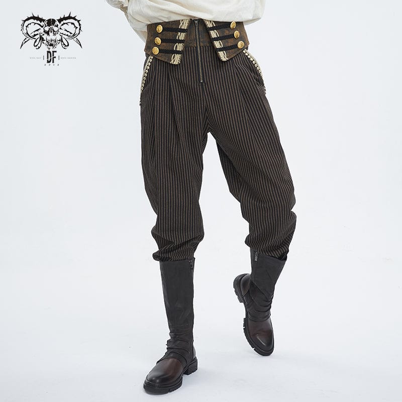 DEVIL FASHION Men's Gothic Faux Leather Splice Striped Pants