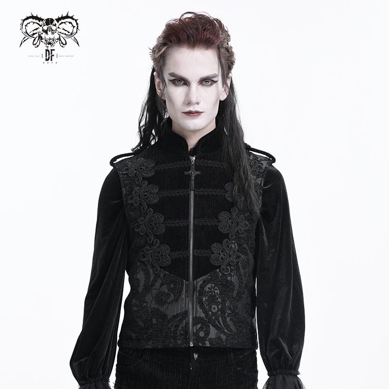 DEVIL FASHION Men's Gothic Floral Crochet Zip Vest