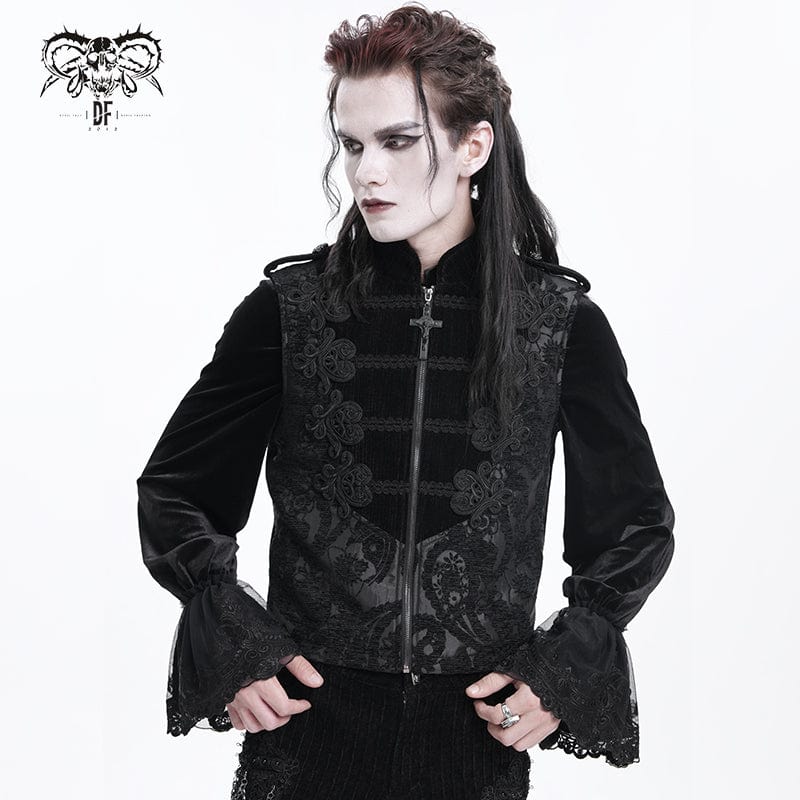 DEVIL FASHION Men's Gothic Floral Crochet Zip Vest