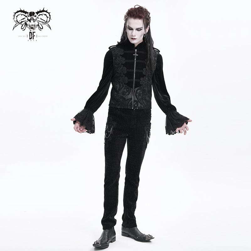 DEVIL FASHION Men's Gothic Floral Crochet Zip Vest