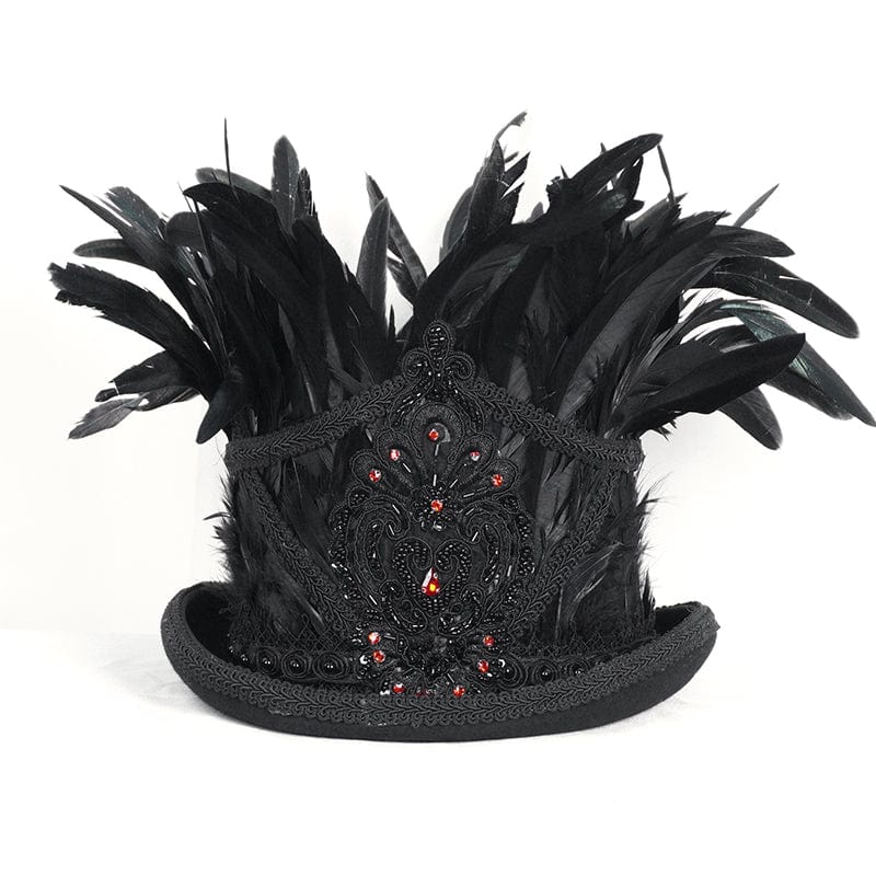 DEVIL FASHION Men's Gothic Floral Embroidered Feather Top Hat