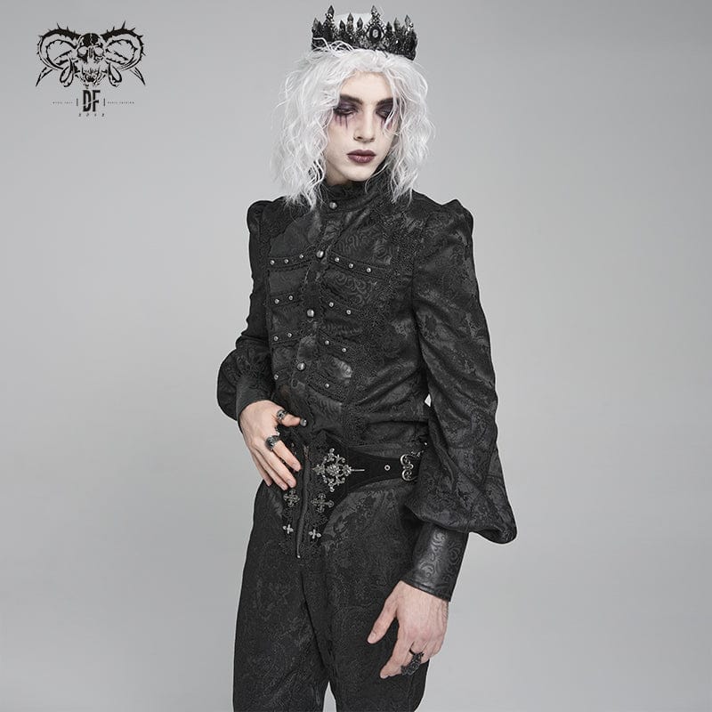 Men's Gothic Floral Printed Stand Collar Lantern Sleeved Shirt