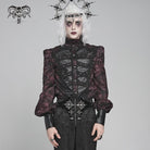 DEVIL FASHION Men's Gothic Floral Printed Stand Collar Lantern Sleeved Shirt Black-Red