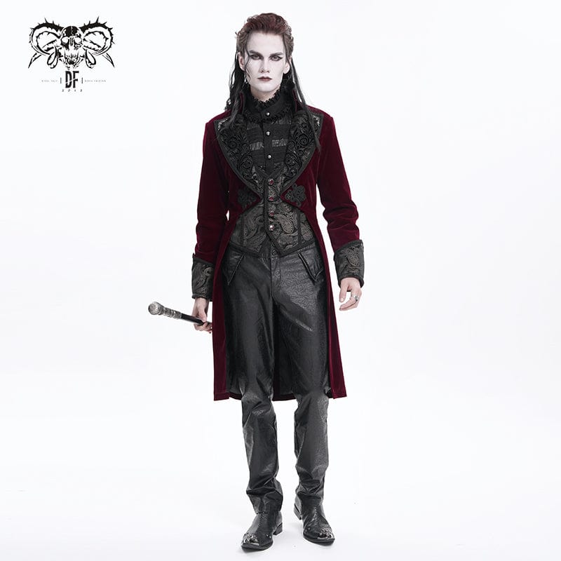 DEVIL FASHION Men's Gothic Floral Velvet Jacket Wine Red