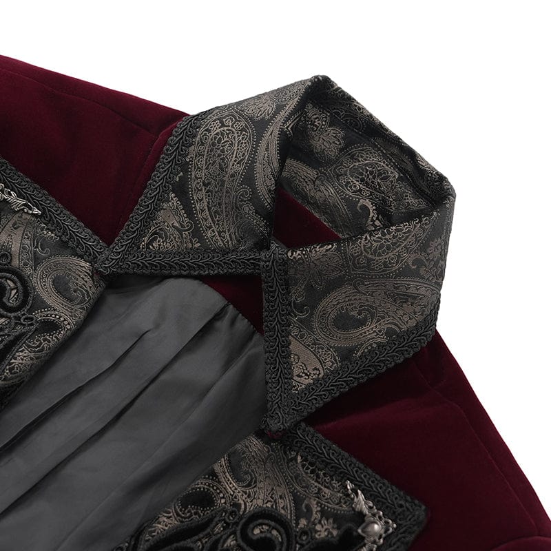 DEVIL FASHION Men's Gothic Floral Velvet Jacket Wine Red