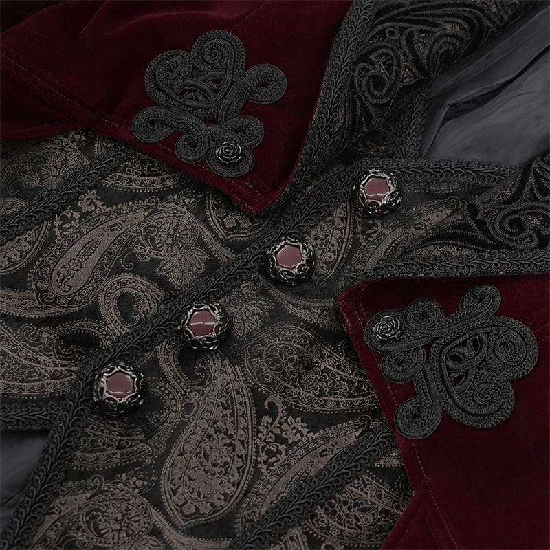 DEVIL FASHION Men's Gothic Floral Velvet Jacket Wine Red