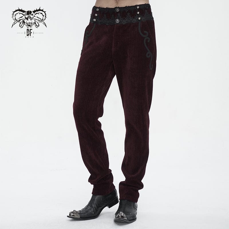 DEVIL FASHION Men's Gothic High-waisted Lace Splice Pants Red