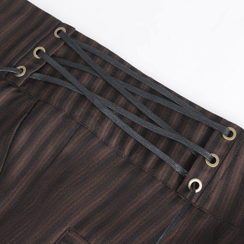 DEVIL FASHION Men's Gothic High-waisted Lace-up Striped Coffee Pants