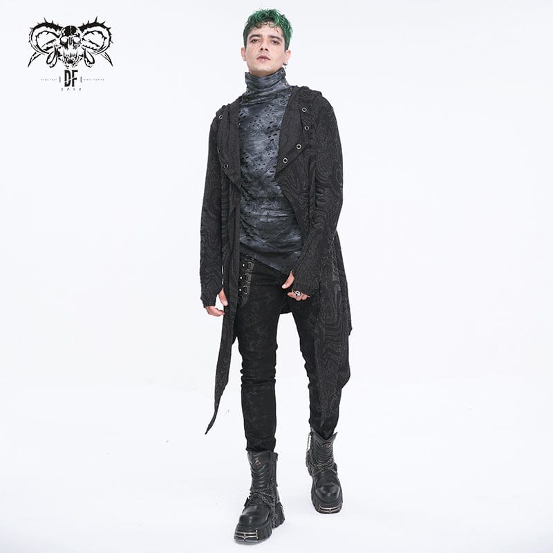 DEVIL FASHION Men's Gothic Irregular Multi-chain Coat with Hood Black