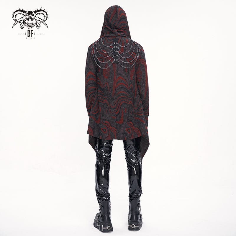 DEVIL FASHION Men's Gothic Irregular Multi-chain Coat with Hood Red