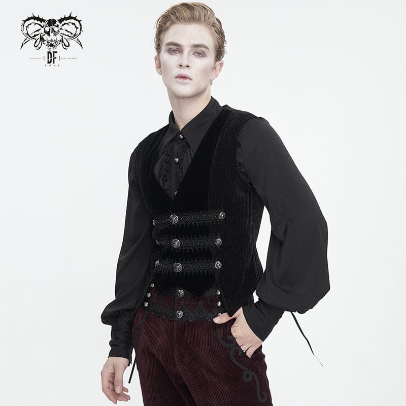 DEVIL FASHION Men's Gothic Irregular Velvet Splice Corduroy Waistcoat Black