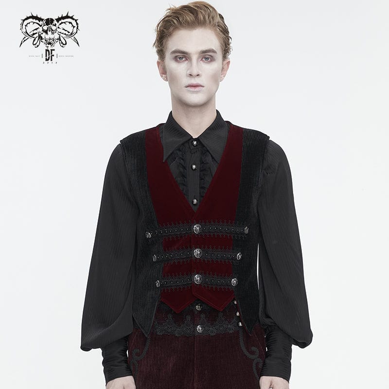 DEVIL FASHION Men's Gothic Irregular Velvet Splice Corduroy Waistcoat Red