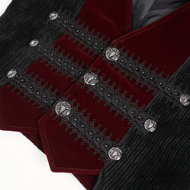 DEVIL FASHION Men's Gothic Irregular Velvet Splice Corduroy Waistcoat Red