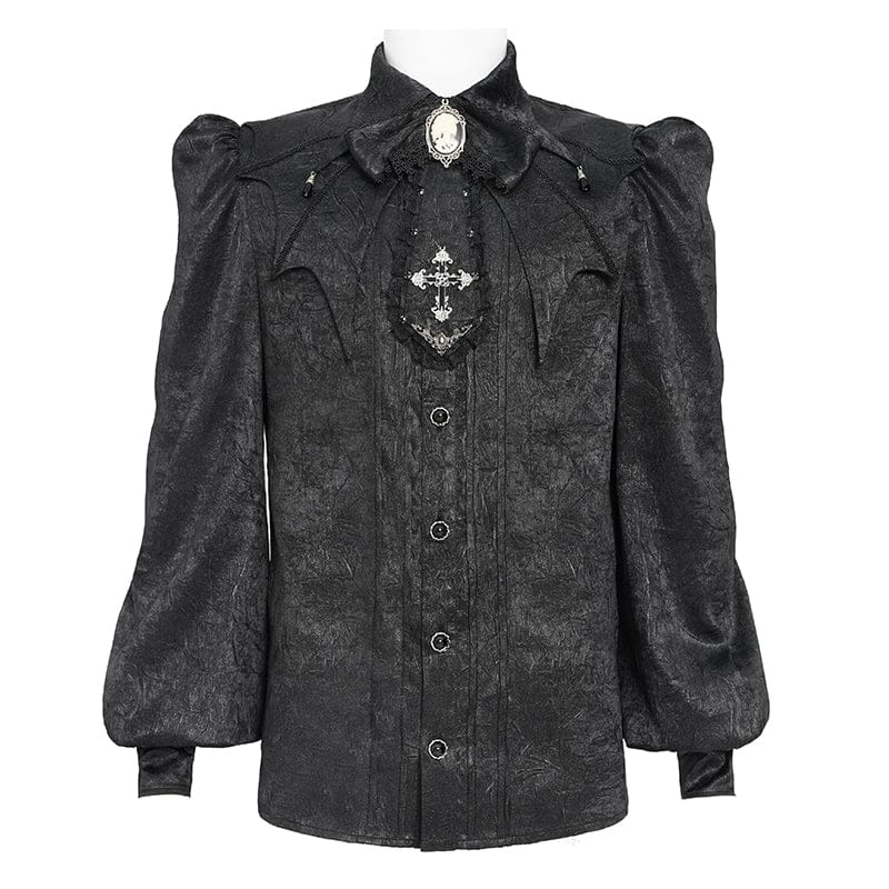 DEVIL FASHION Men's Gothic Jacquard Batwing Shoulder Flap Shirt with Necktie Black