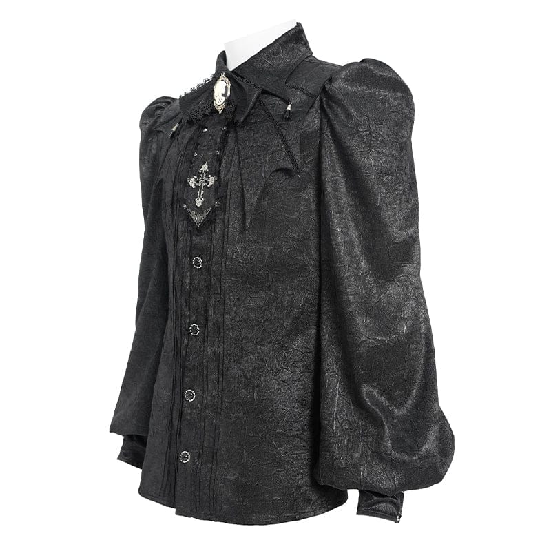 DEVIL FASHION Men's Gothic Jacquard Batwing Shoulder Flap Shirt with Necktie Black