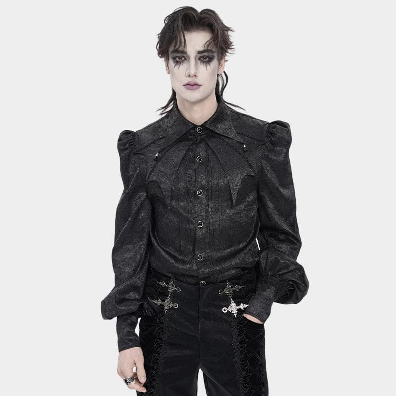 DEVIL FASHION Men's Gothic Jacquard Batwing Shoulder Flap Shirt with Necktie Black