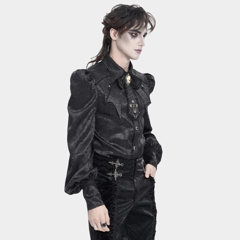 DEVIL FASHION Men's Gothic Jacquard Batwing Shoulder Flap Shirt with Necktie Black