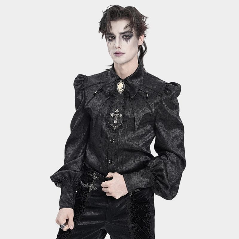 DEVIL FASHION Men's Gothic Jacquard Batwing Shoulder Flap Shirt with Necktie Black