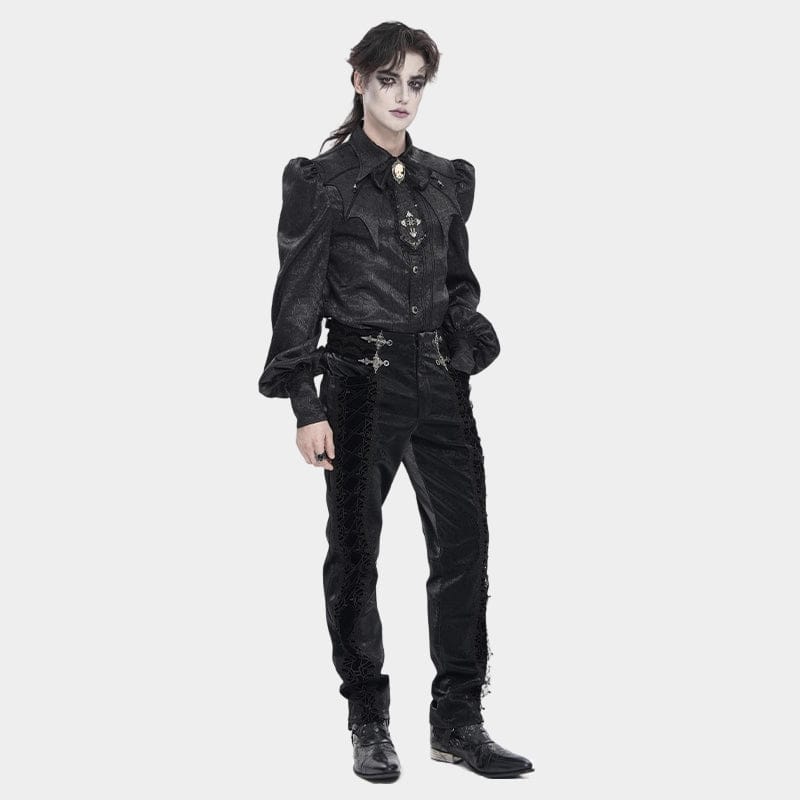 DEVIL FASHION Men's Gothic Jacquard Batwing Shoulder Flap Shirt with Necktie Black