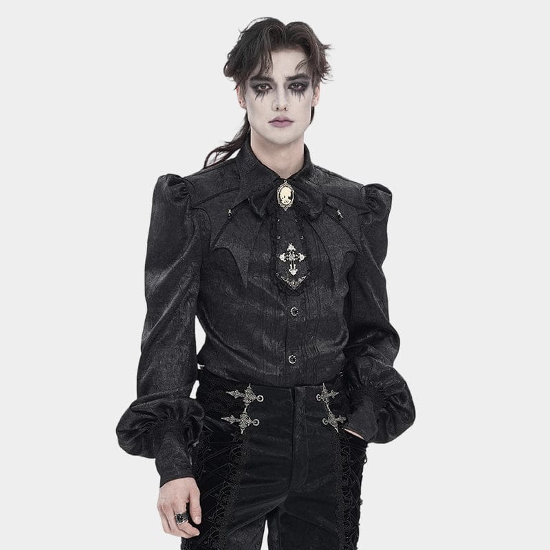 DEVIL FASHION Men's Gothic Jacquard Batwing Shoulder Flap Shirt with Necktie Black