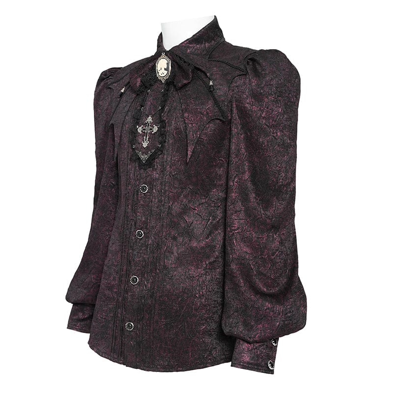DEVIL FASHION Men's Gothic Jacquard Batwing Shoulder Flap Shirt with Necktie Red