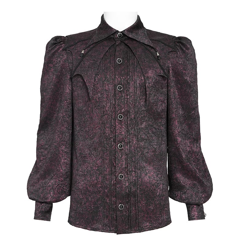 DEVIL FASHION Men's Gothic Jacquard Batwing Shoulder Flap Shirt with Necktie Red