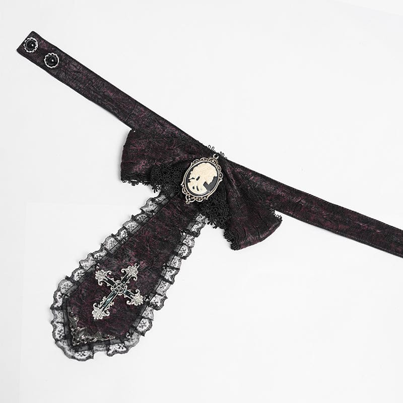 DEVIL FASHION Men's Gothic Jacquard Batwing Shoulder Flap Shirt with Necktie Red