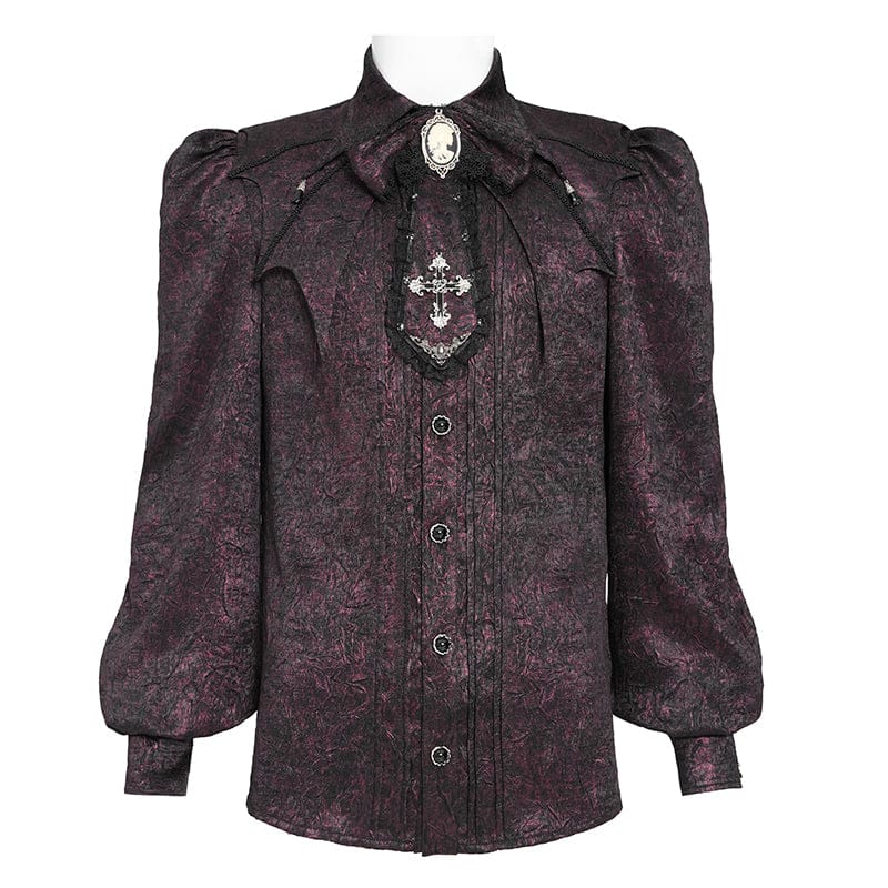 DEVIL FASHION Men's Gothic Jacquard Batwing Shoulder Flap Shirt with Necktie Red