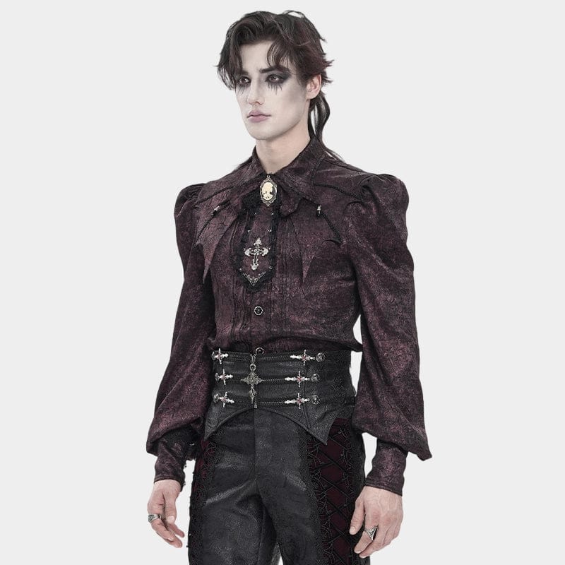DEVIL FASHION Men's Gothic Jacquard Batwing Shoulder Flap Shirt with Necktie Red