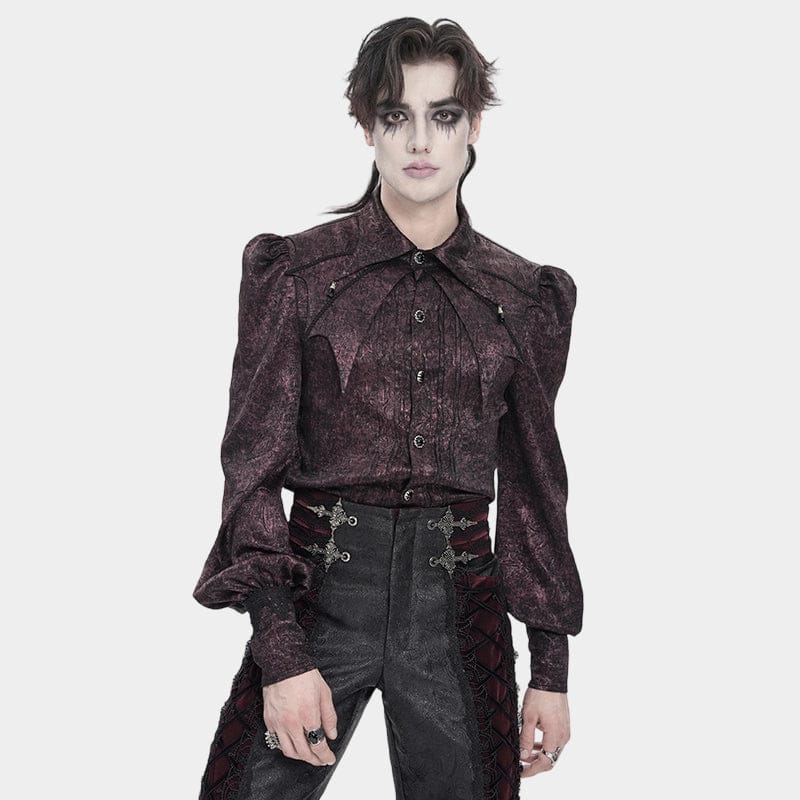 DEVIL FASHION Men's Gothic Jacquard Batwing Shoulder Flap Shirt with Necktie Red