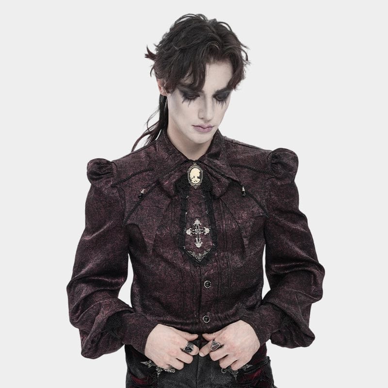 DEVIL FASHION Men's Gothic Jacquard Batwing Shoulder Flap Shirt with Necktie Red