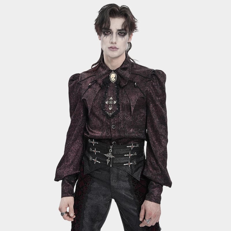 DEVIL FASHION Men's Gothic Jacquard Batwing Shoulder Flap Shirt with Necktie Red