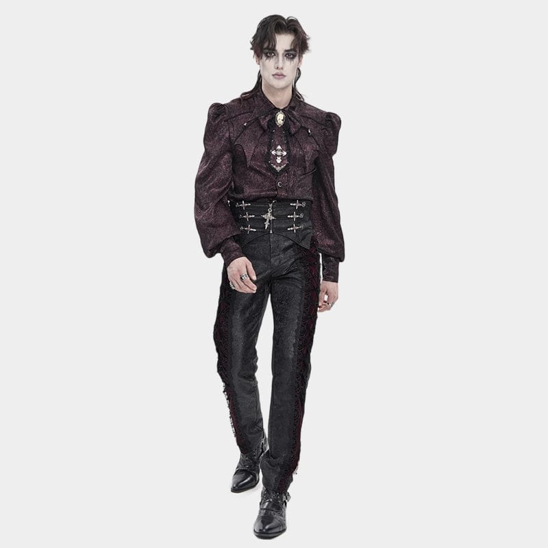 DEVIL FASHION Men's Gothic Jacquard Batwing Shoulder Flap Shirt with Necktie Red