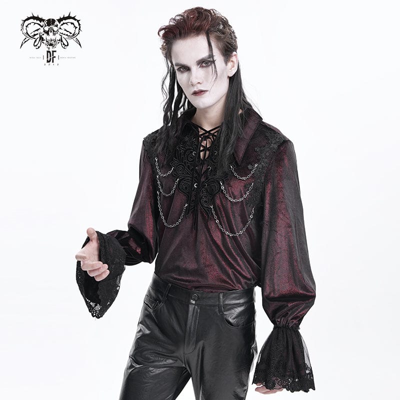 DEVIL FASHION Men's  Gothic Lace-up Chain Lace Shirt Wine Red