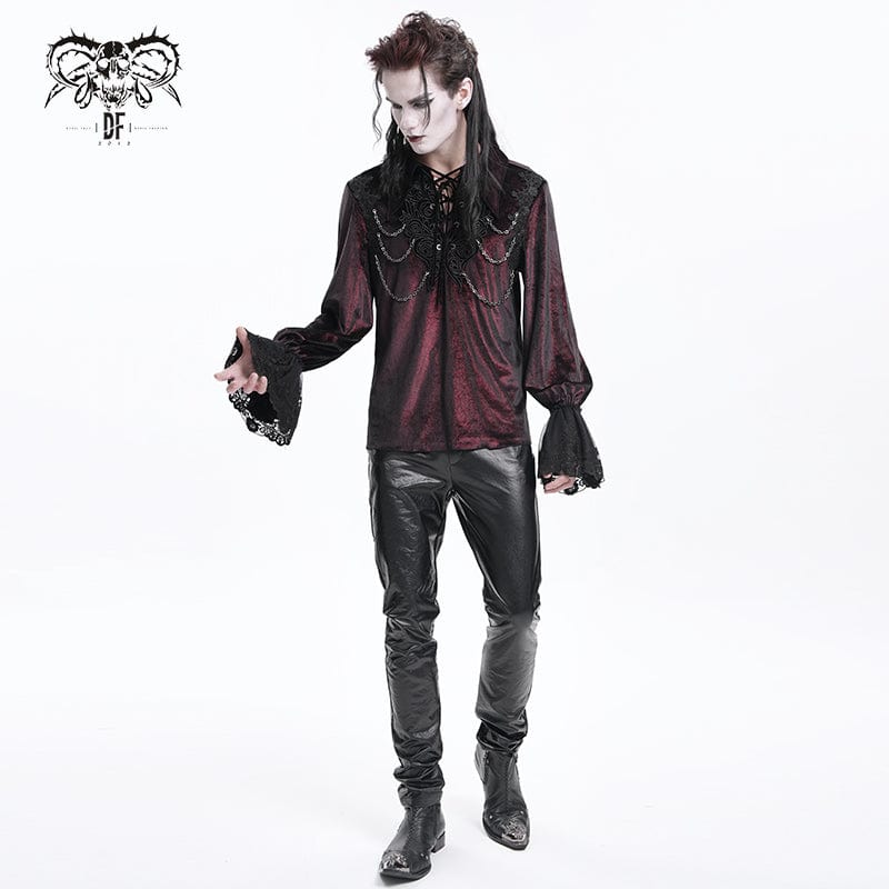 DEVIL FASHION Men's  Gothic Lace-up Chain Lace Shirt Wine Red