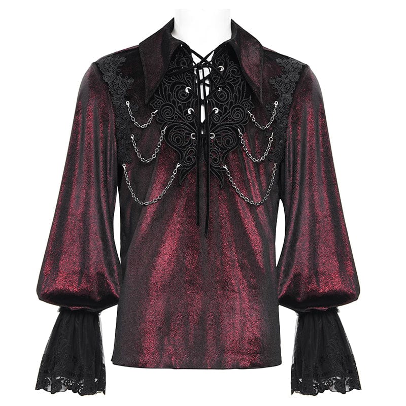 DEVIL FASHION Men's  Gothic Lace-up Chain Lace Shirt Wine Red