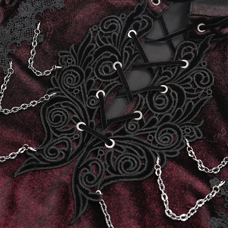 DEVIL FASHION Men's  Gothic Lace-up Chain Lace Shirt Wine Red