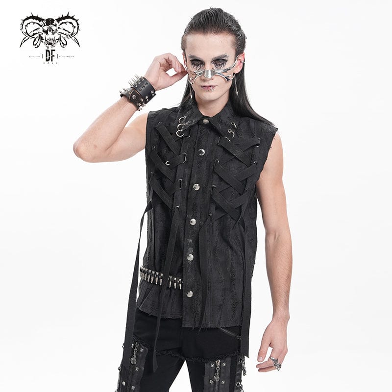 DEVIL FASHION Men's Gothic Lace-up Ripped Ring Vest