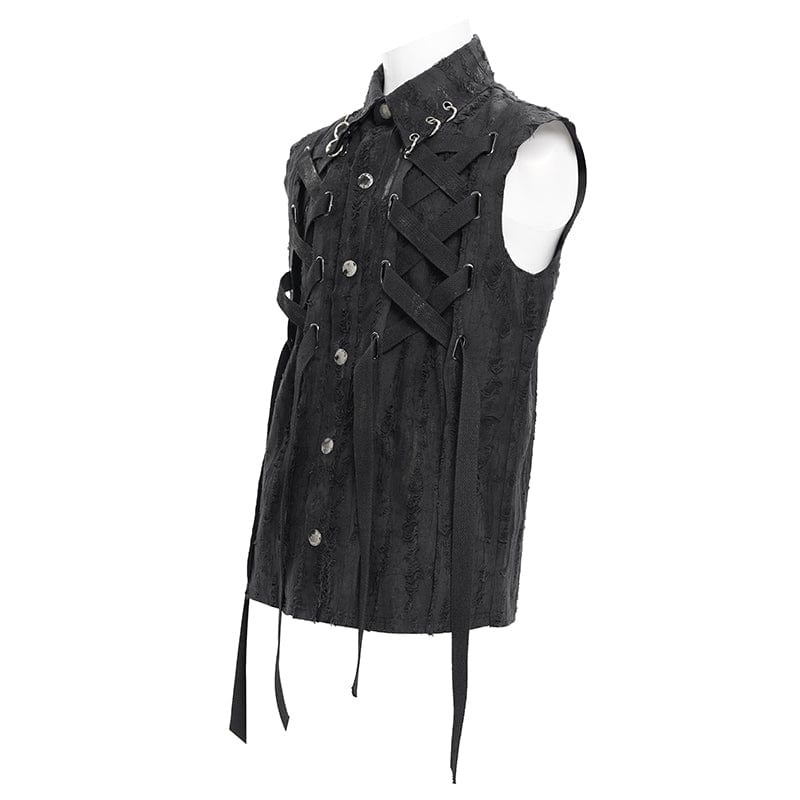 DEVIL FASHION Men's Gothic Lace-up Ripped Ring Vest