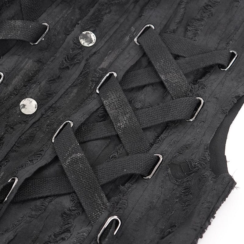 DEVIL FASHION Men's Gothic Lace-up Ripped Ring Vest